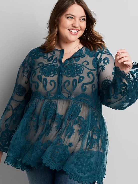 Lane Bryant Tops - Lane Bryant Mesh Embroidered Babydoll Top Size 18/20